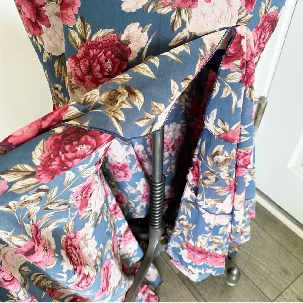 Long Maxi Mermaid Style Dress Blue Pink Floral Corset Lace Up Ruffles - Picture 12 of 15